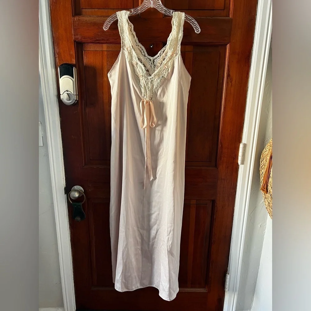 Vintage Alice Maloof Satin Nightgown Slip Dress – Pink Lace Trim Lingerie Medium - Picture 1 of 11
